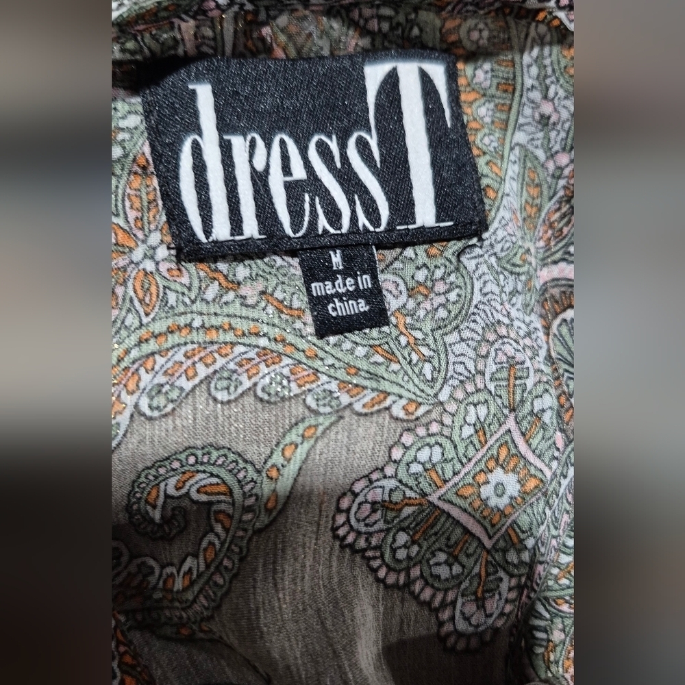 Boho Chiffon Women Sz M Metallic Gold Taupe Paisley - Picture 4 of 5